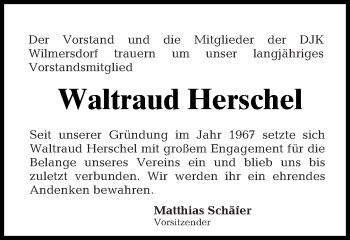 Traueranzeige von Waltraud Herschel von Tagesspiegel