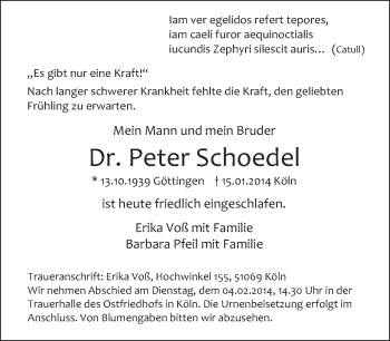 Traueranzeige von Peter Schoedel von Tagesspiegel