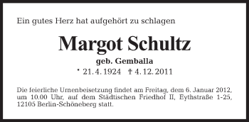 Traueranzeige von Margot Schultz von Tagesspiegel