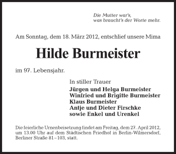 Traueranzeige von Hilde Burmeister von Tagesspiegel