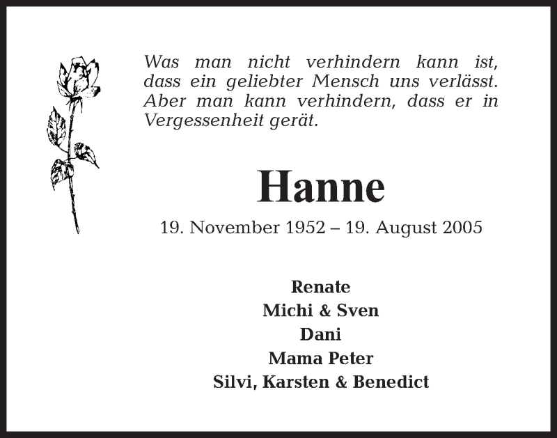  Traueranzeige für Hanne  vom 19.08.2012 aus Tagesspiegel