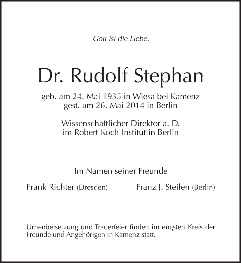 Traueranzeige für Rudolf Stephan vom 01.06.2014 aus Tagesspiegel