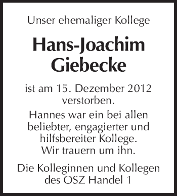 Traueranzeige von Hans-Joachim Giebecke von Tagesspiegel