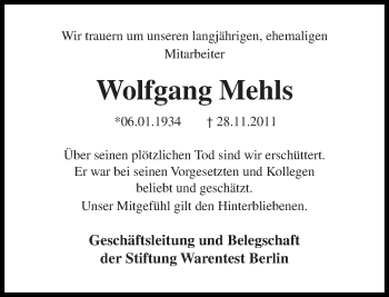 Traueranzeige von Wolfgang Mehls von Tagesspiegel
