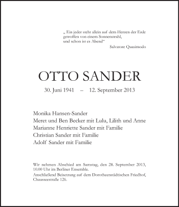 Traueranzeige von Otto Sander von Tagesspiegel