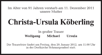 Traueranzeige von Christa-Ursula Köberling von Tagesspiegel