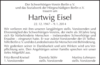 Traueranzeige von Hartwig Eisel von Tagesspiegel