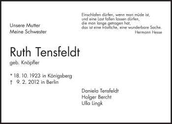 Traueranzeige von Ruth Tensfeldt von Tagesspiegel