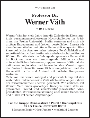 Traueranzeige von Werner Väth von Tagesspiegel