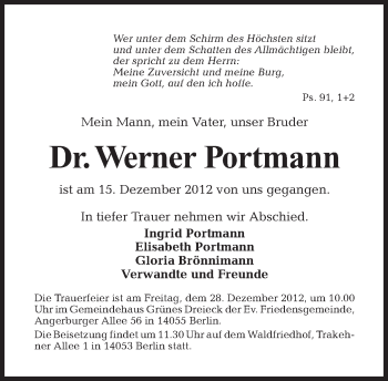 Traueranzeige von Werner Portmann von Tagesspiegel
