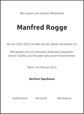 Traueranzeige von Manfred Rogge von Tagesspiegel