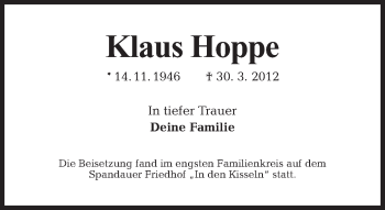 Traueranzeige von Klaus Hoppe von Tagesspiegel