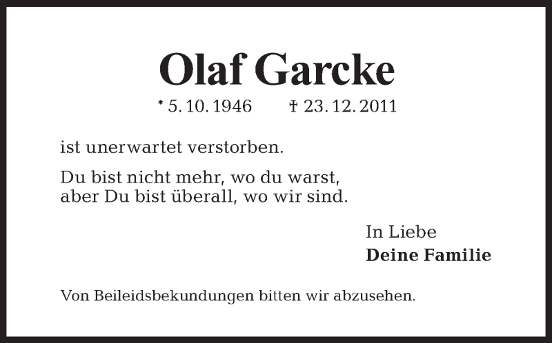  Traueranzeige für Olaf Garcke vom 08.01.2012 aus Tagesspiegel