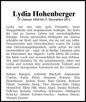 Traueranzeige von Lydia Hohenberger von Tagesspiegel