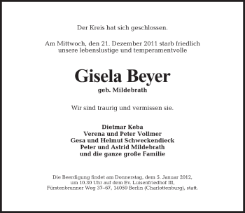 Traueranzeige von Gisela Beyer von Tagesspiegel