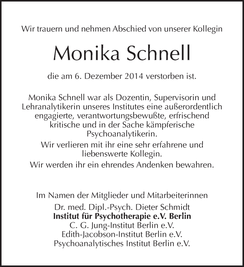  Traueranzeige für Monika Schnell vom 14.12.2014 aus Tagesspiegel