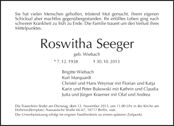 Traueranzeige von Roswitha Seeger von Tagesspiegel