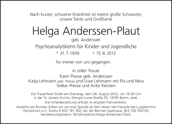 Traueranzeige von Helga Anderssen-Plaut von Tagesspiegel