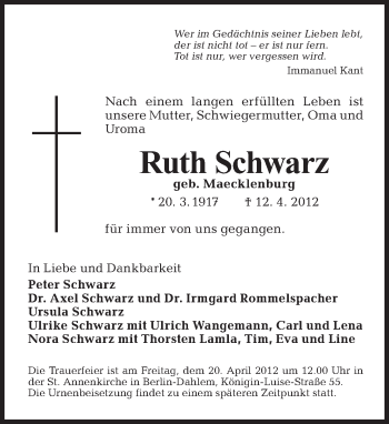 Traueranzeige von Ruth Schwarz von Tagesspiegel
