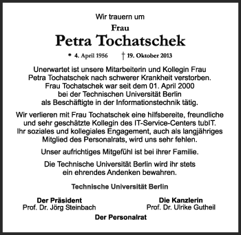Traueranzeige von Petra Tochtatschek von Tagesspiegel