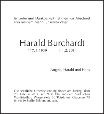Traueranzeige von Harald Burchardt von Tagesspiegel