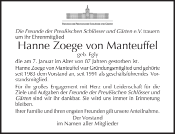 Traueranzeige von Hanne Zoege von Manteuffel von Tagesspiegel