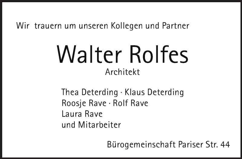  Traueranzeige für Walter Rolfes vom 09.11.2014 aus Tagesspiegel