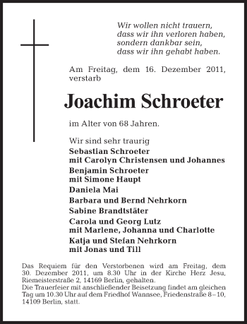 Traueranzeige von Joachim Schroeter von Tagesspiegel