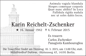 Traueranzeige von Karin Reichelt-Zschenker von Tagesspiegel
