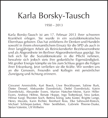Traueranzeige von Karla Borsky-Tausch von Tagesspiegel