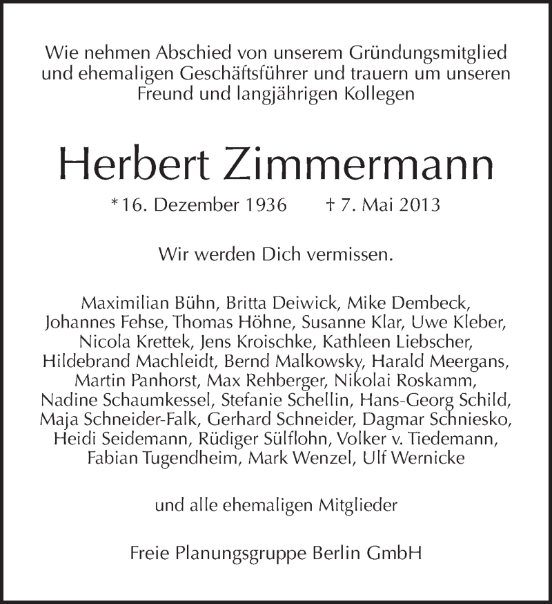  Traueranzeige für Herbert Zimmermann vom 12.05.2013 aus Tagesspiegel