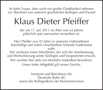 Traueranzeige von Klaus Dieter Pfeiffer von Tagesspiegel