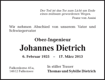 Traueranzeige von Johannes Dietrich von Tagesspiegel