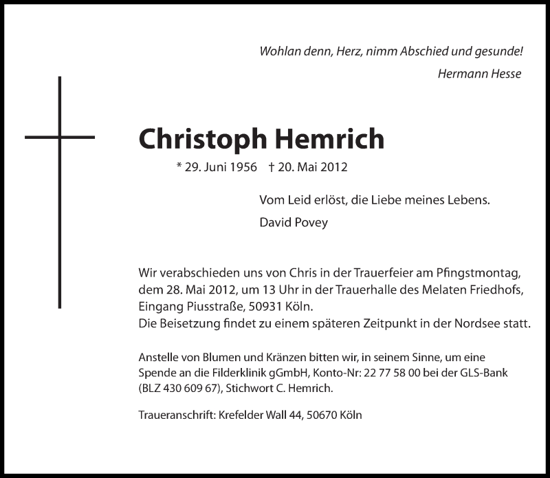  Traueranzeige für Christoph Hemrich vom 23.05.2012 aus Tagesspiegel