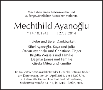 Traueranzeige von Mechthild Ayanoglu von Tagesspiegel