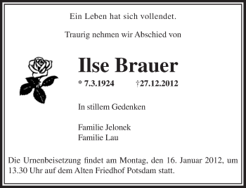 Traueranzeige von Ilse Brauer von Tagesspiegel