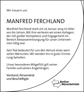 Traueranzeige von Manfred Ferchland von Tagesspiegel