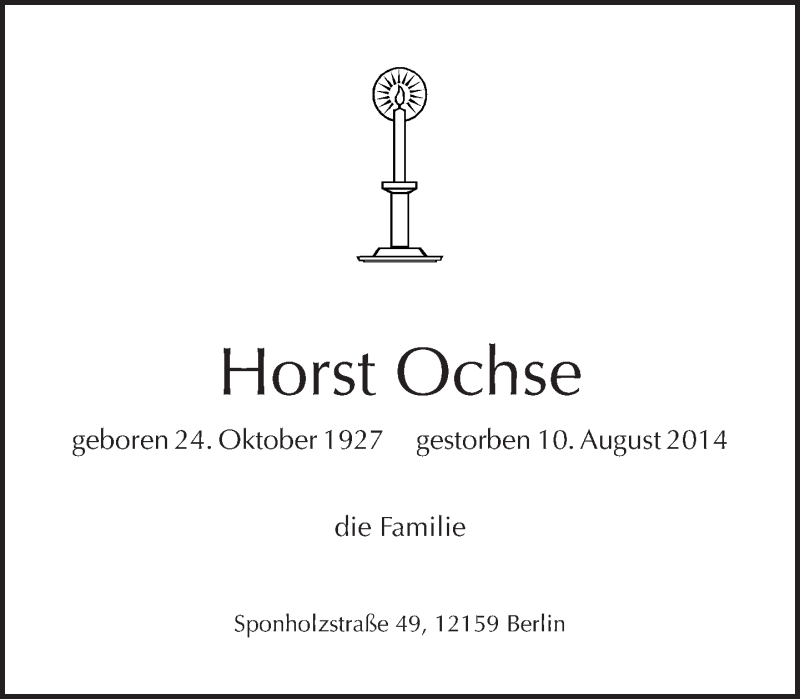  Traueranzeige für Horst Ochse vom 17.08.2014 aus Tagesspiegel