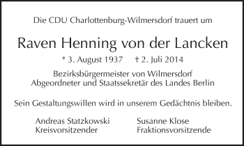 Traueranzeige von Raven Henning von der Lancken von Tagesspiegel