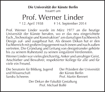 Traueranzeige von Werner Linder von Tagesspiegel