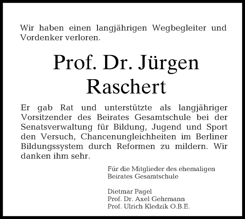  Traueranzeige für Jürgen Raschert vom 15.01.2012 aus Tagesspiegel