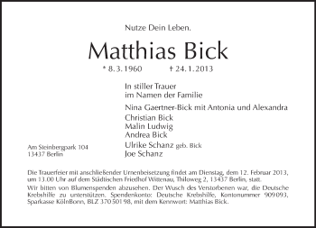Traueranzeige von Matthias Bick von Tagesspiegel