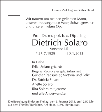 Traueranzeige von Dietrich Solaro von Tagesspiegel