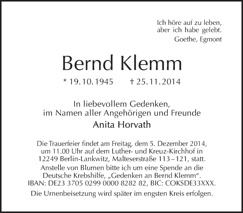  Traueranzeige für Bernd Klemm vom 30.11.2014 aus Tagesspiegel