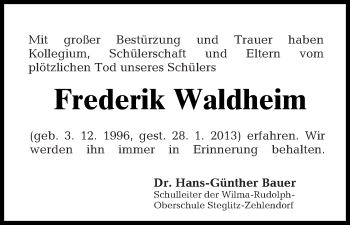 Traueranzeige von Frederik Waldheim von Tagesspiegel