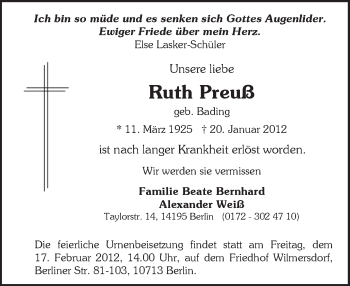 Traueranzeige von Ruth Preuß von Tagesspiegel