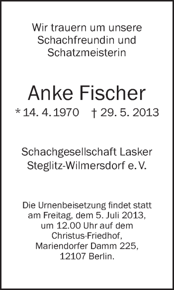 Traueranzeige von Anke Fischer von Tagesspiegel