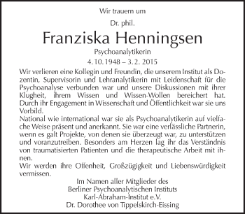 Traueranzeige von Franziska Henningsen von Tagesspiegel