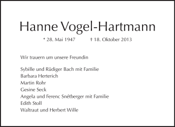 Traueranzeige von Hanne Vogel-Hartmann von Tagesspiegel