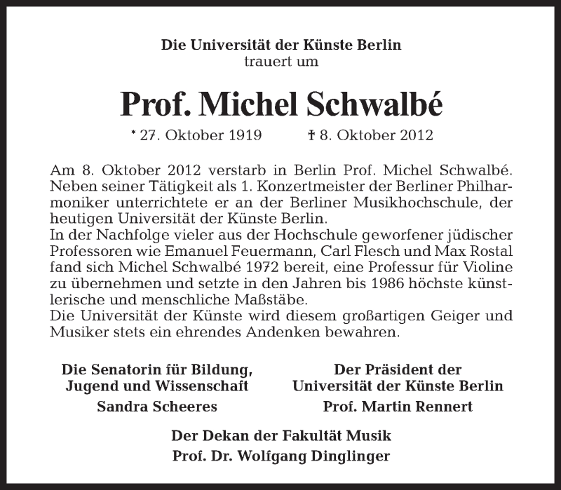 Traueranzeige für Michel Schwalbé vom 28.10.2012 aus Tagesspiegel